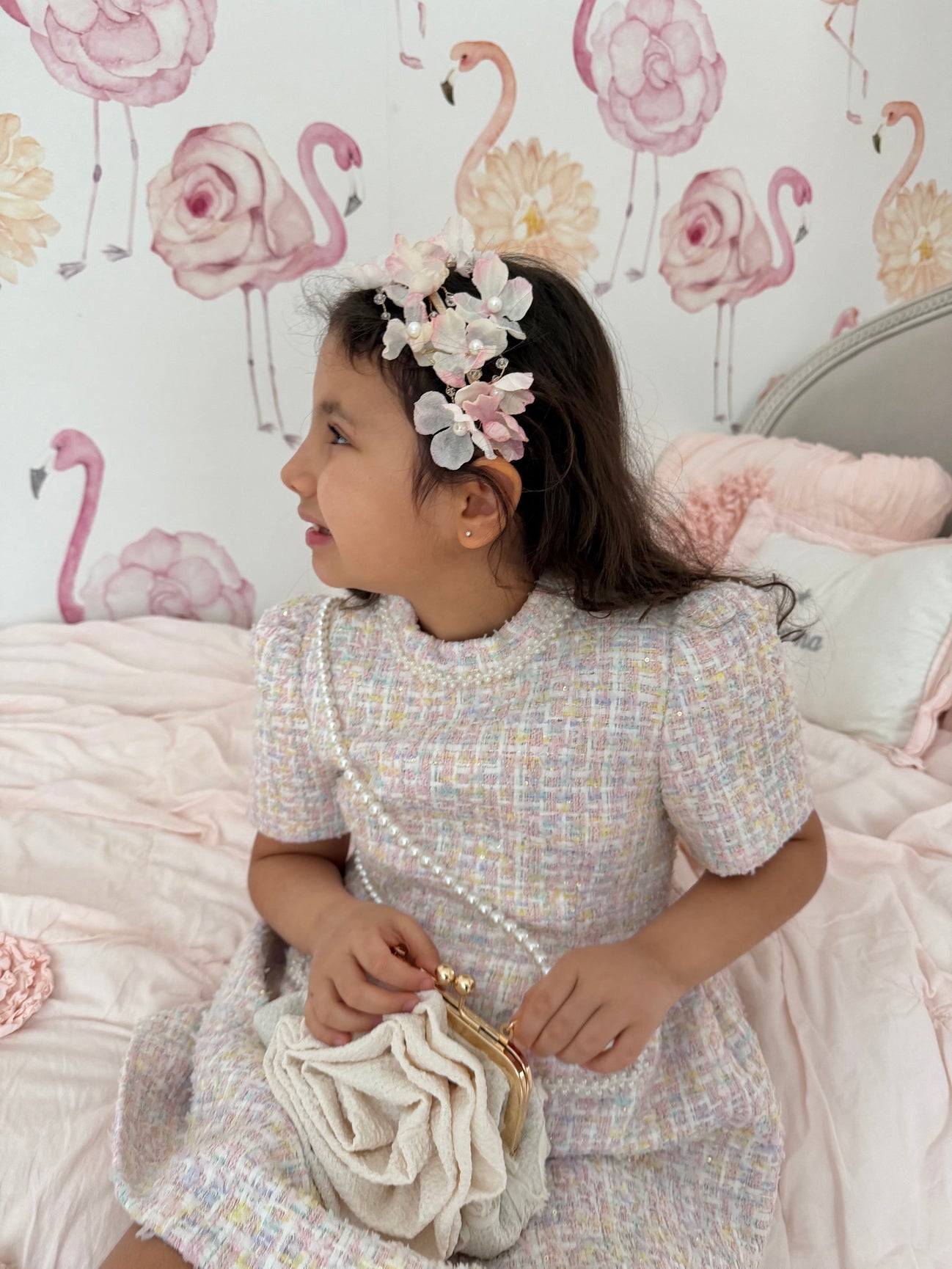 Girl | Cherry Blossom Flower Pearl Headband | White x Pink