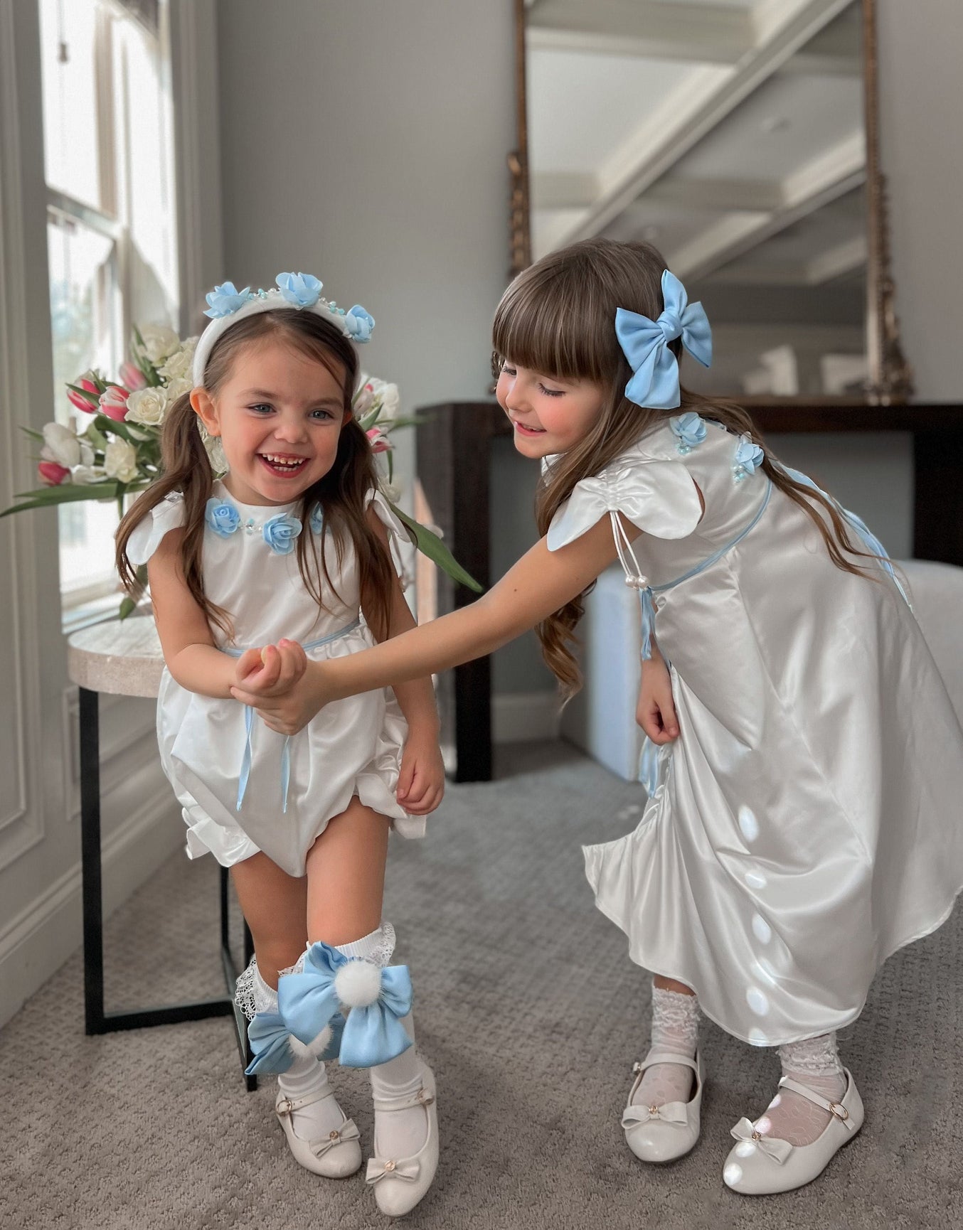 Girl | Daphne Satin Romper with Embroidery | White x Blue
