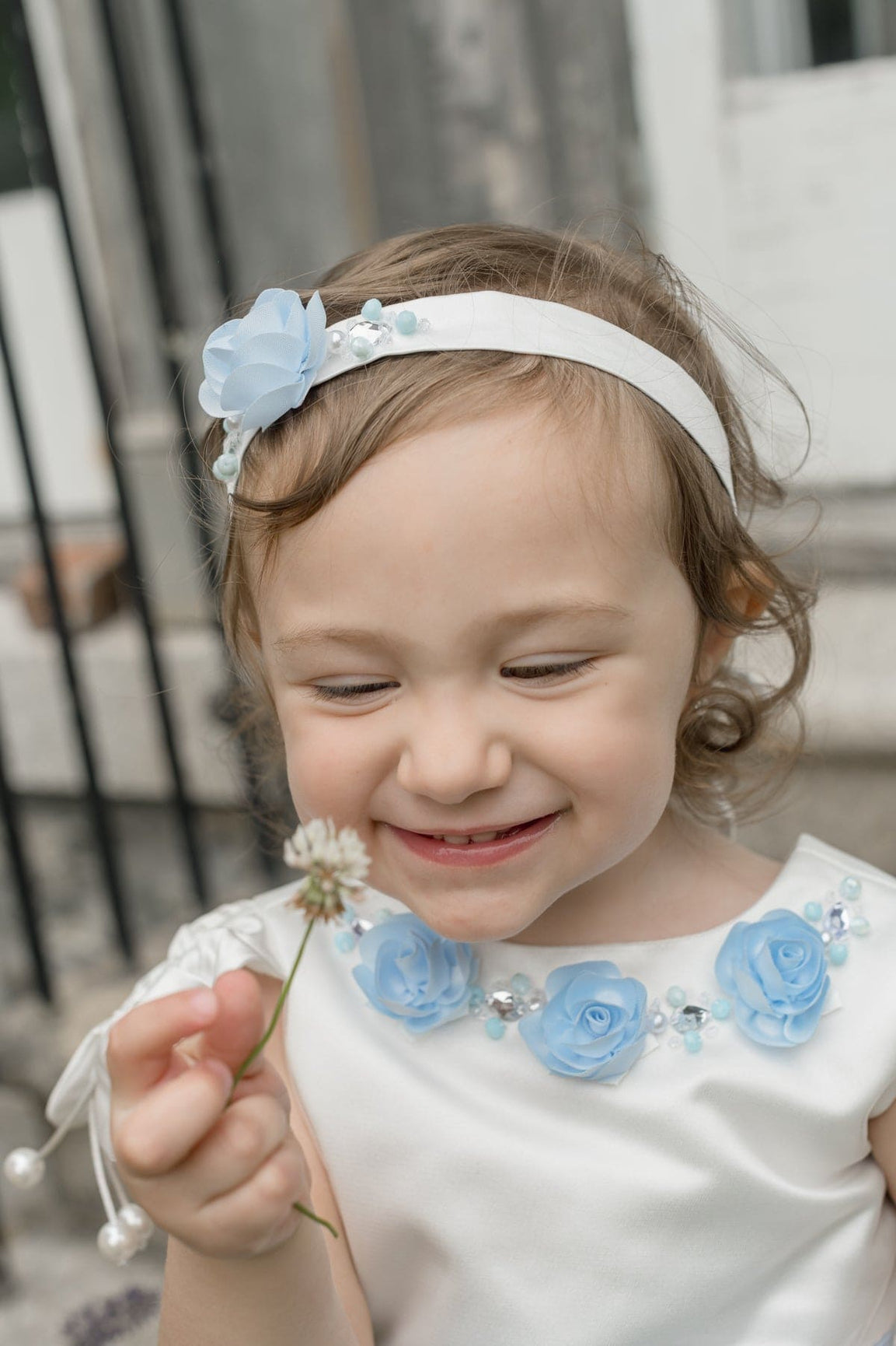 Girl | Daphne Satin Romper with Embroidery | White x Blue