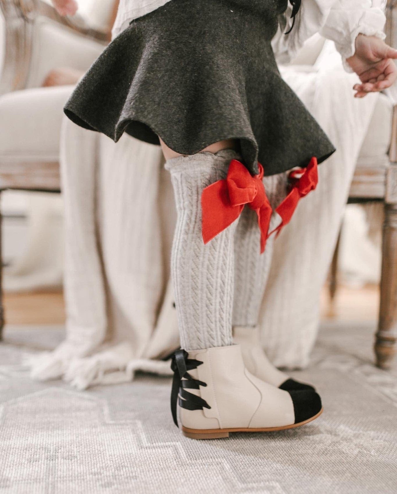Girl | Grey Knee High Socks with Velvet Bows | Gray x Red