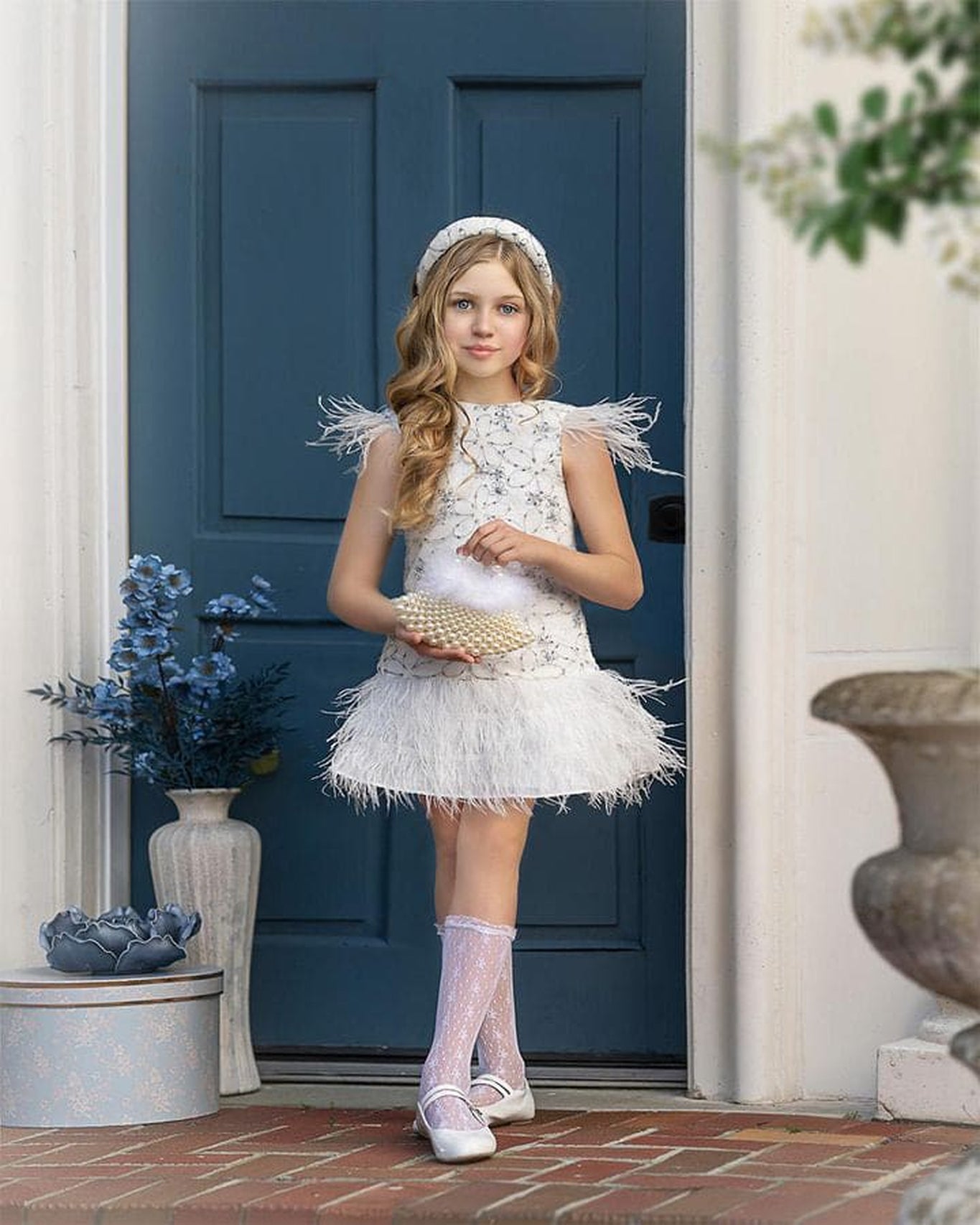 Girl | Olivia Feather Dress | White x Baby Blue