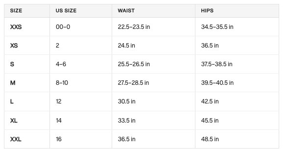 Product size guide