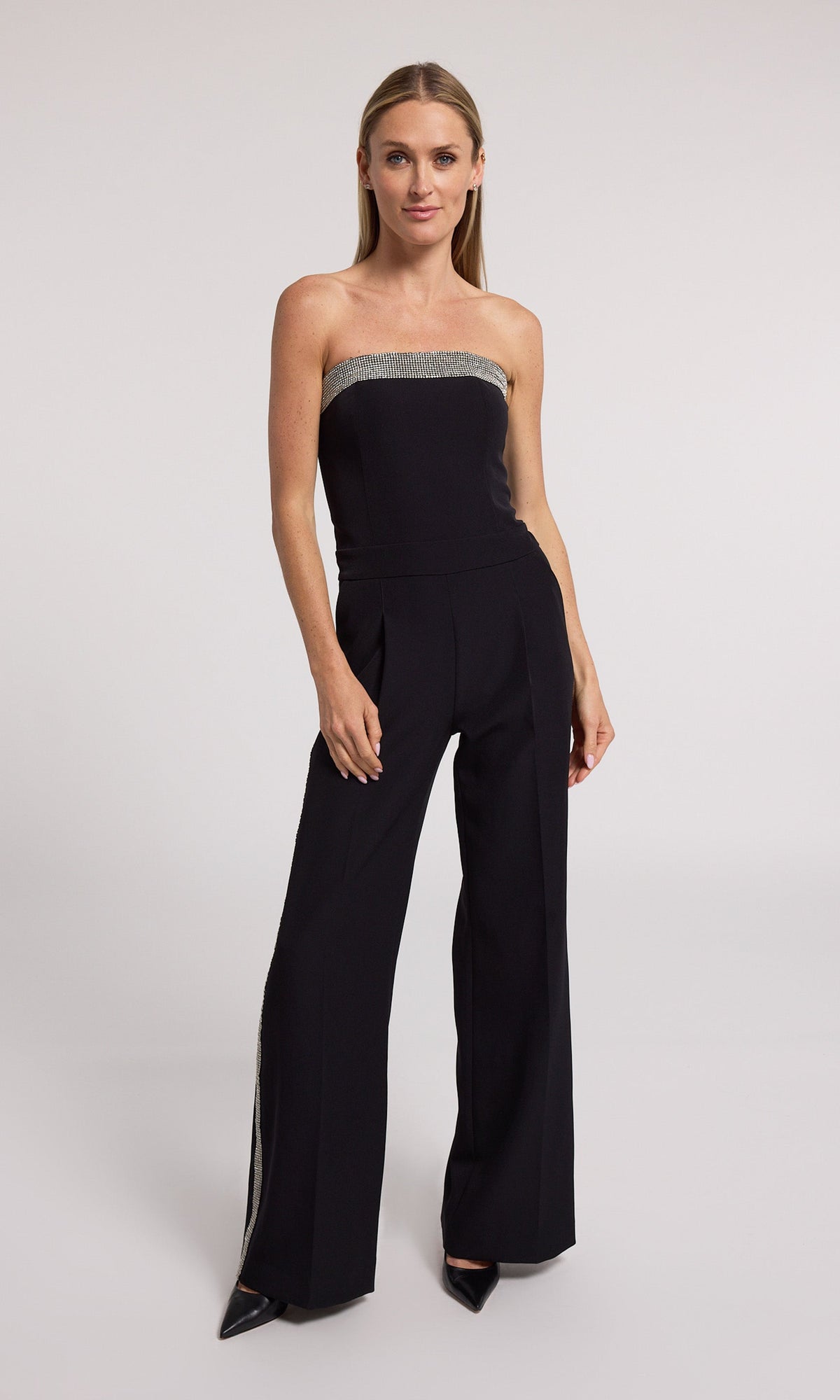 Chelsea Crystal Embellished Crepe Jumpsuit | Black/Clear