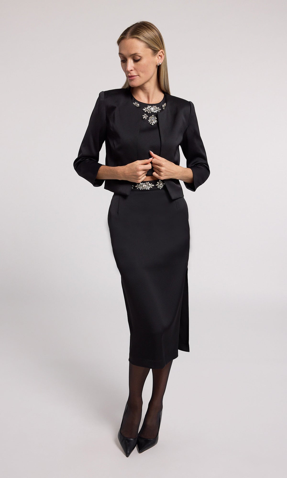 Kori Crystal Embellished Satin Skirt | Black/Clear