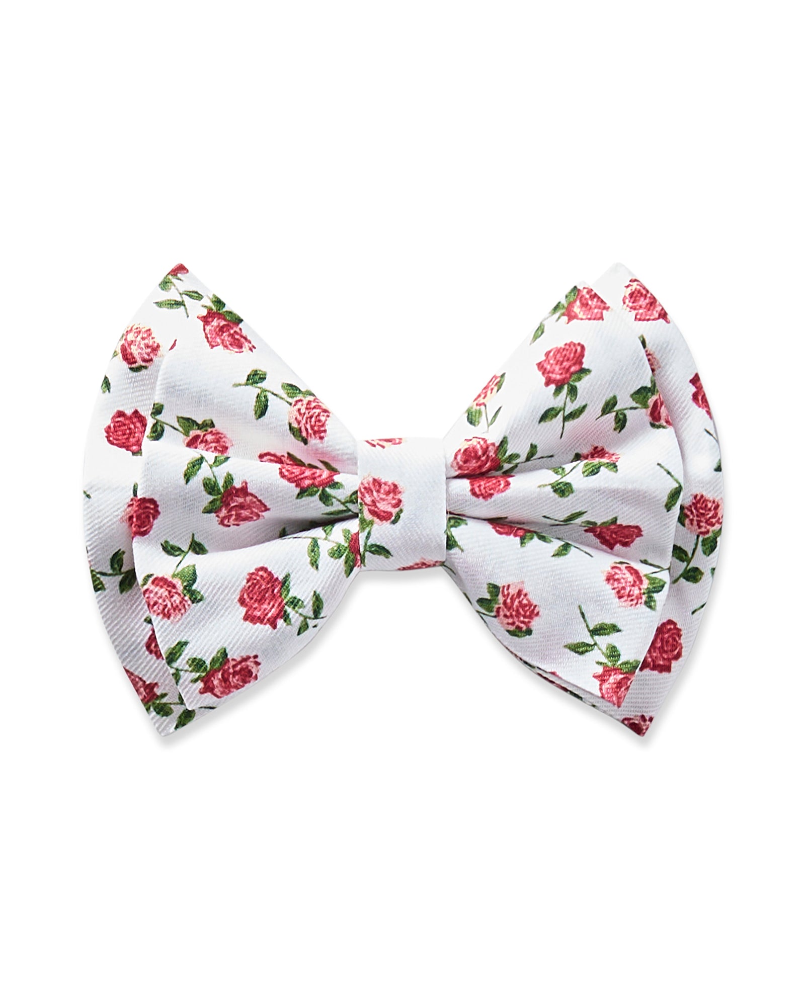 The Girls Twill Hair Bows in Petite Petals by Petite Plume are charming white accessories featuring a floral pattern of small pink roses and green leaves, perfect for adding elegance to pajamas or sophistication to girls hair.