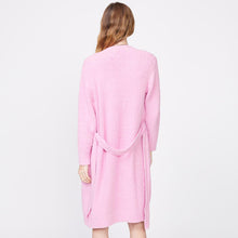 Back view of model wearing the plush sweater robe in orchid.