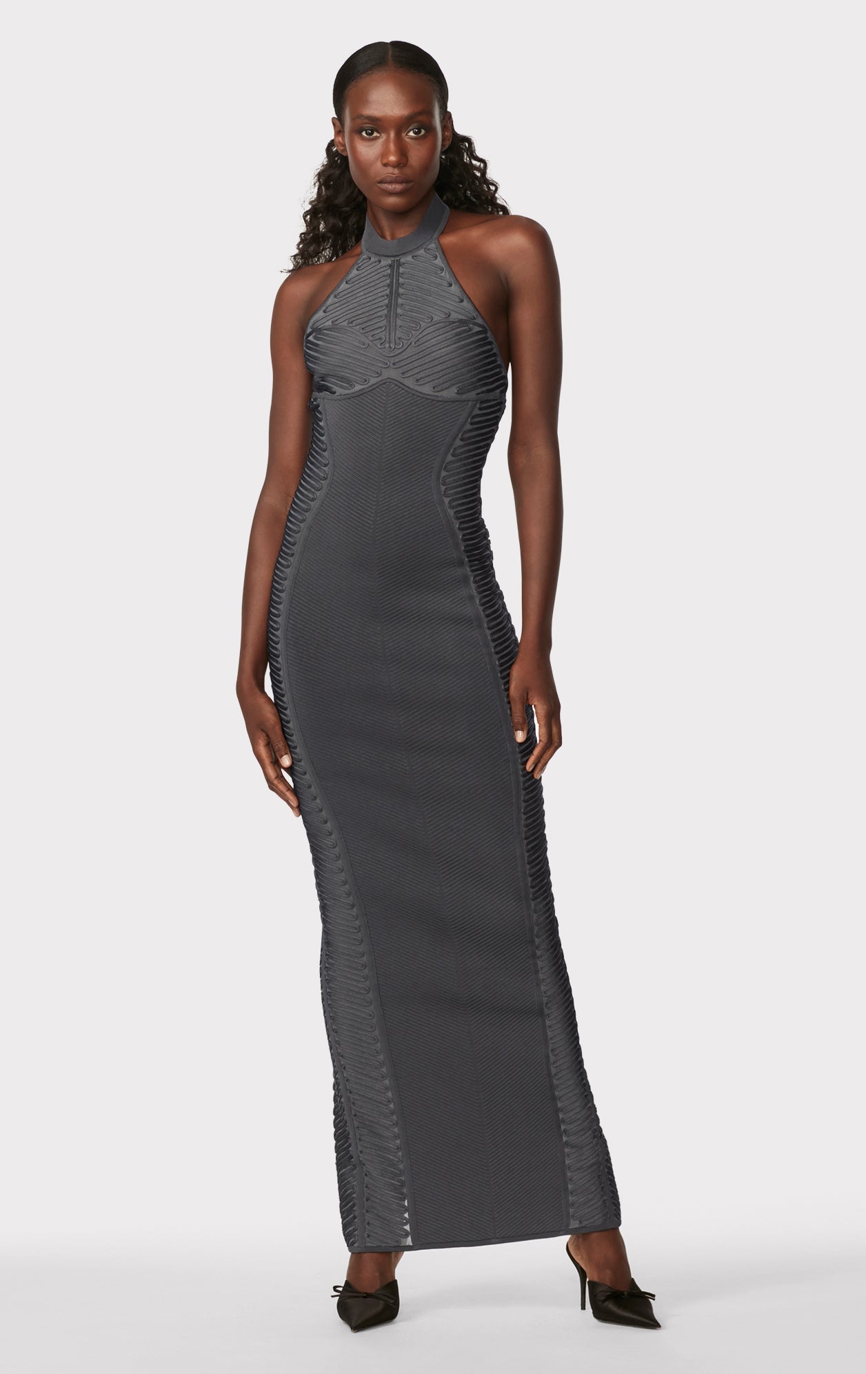 Hervé Léger X Law Roach Ribbon Embroidered Halter Gown | Graphite