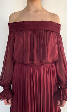 Hemant And Nandita | Aayu Viscose Flat Chiffon Smocked Detailed Off Shoudler Top | Burgundy