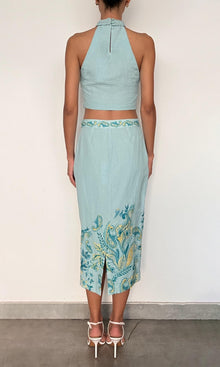 Womens | Amari Linen Cotton Fitted Midi Skirt | Turquoise Multi