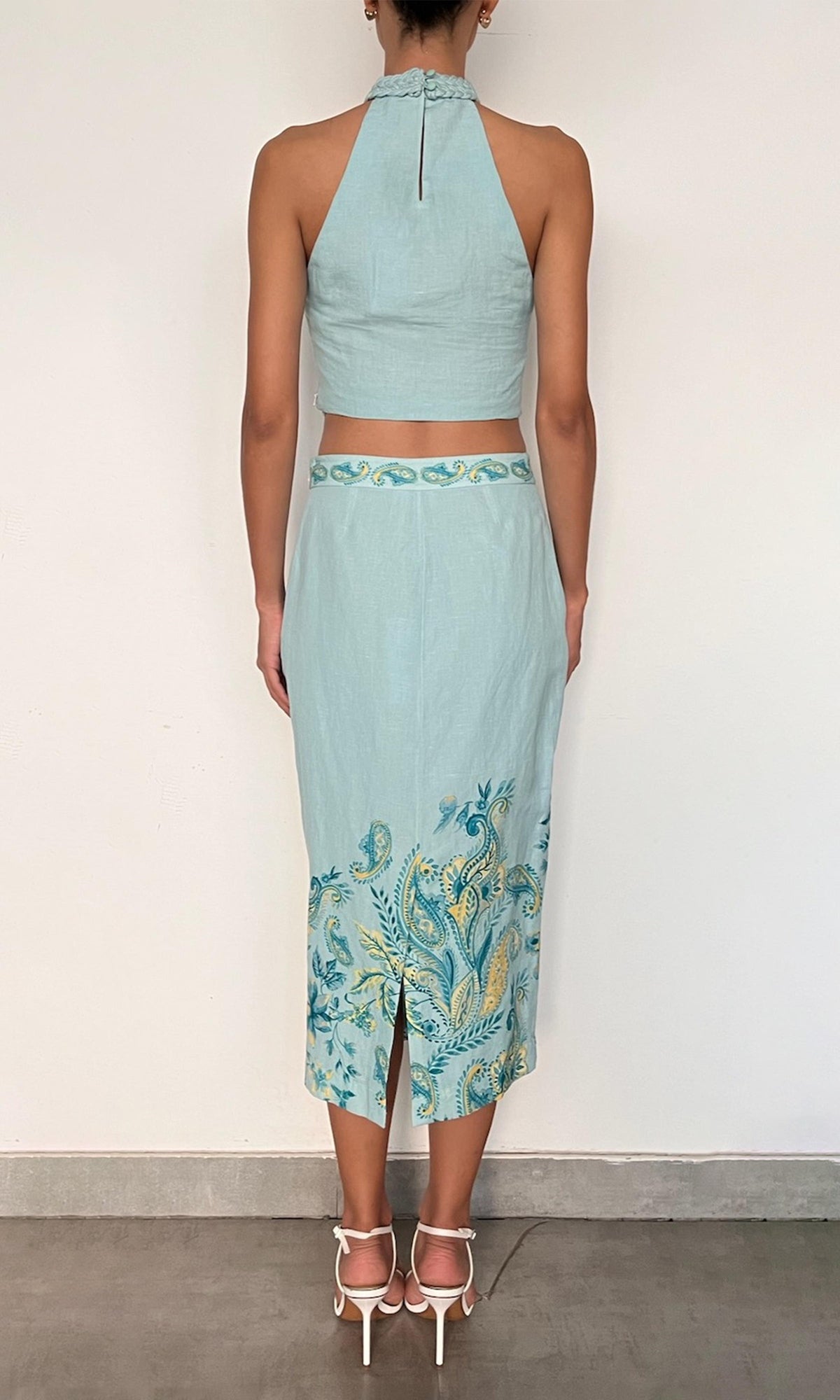 Womens | Amari Linen Cotton Fitted Midi Skirt | Turquoise Multi