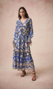 Hemant And Nandita | Amyra Viscose Georgette Gold Silver Lurex Kaftan With Slip | Cobalt Blue