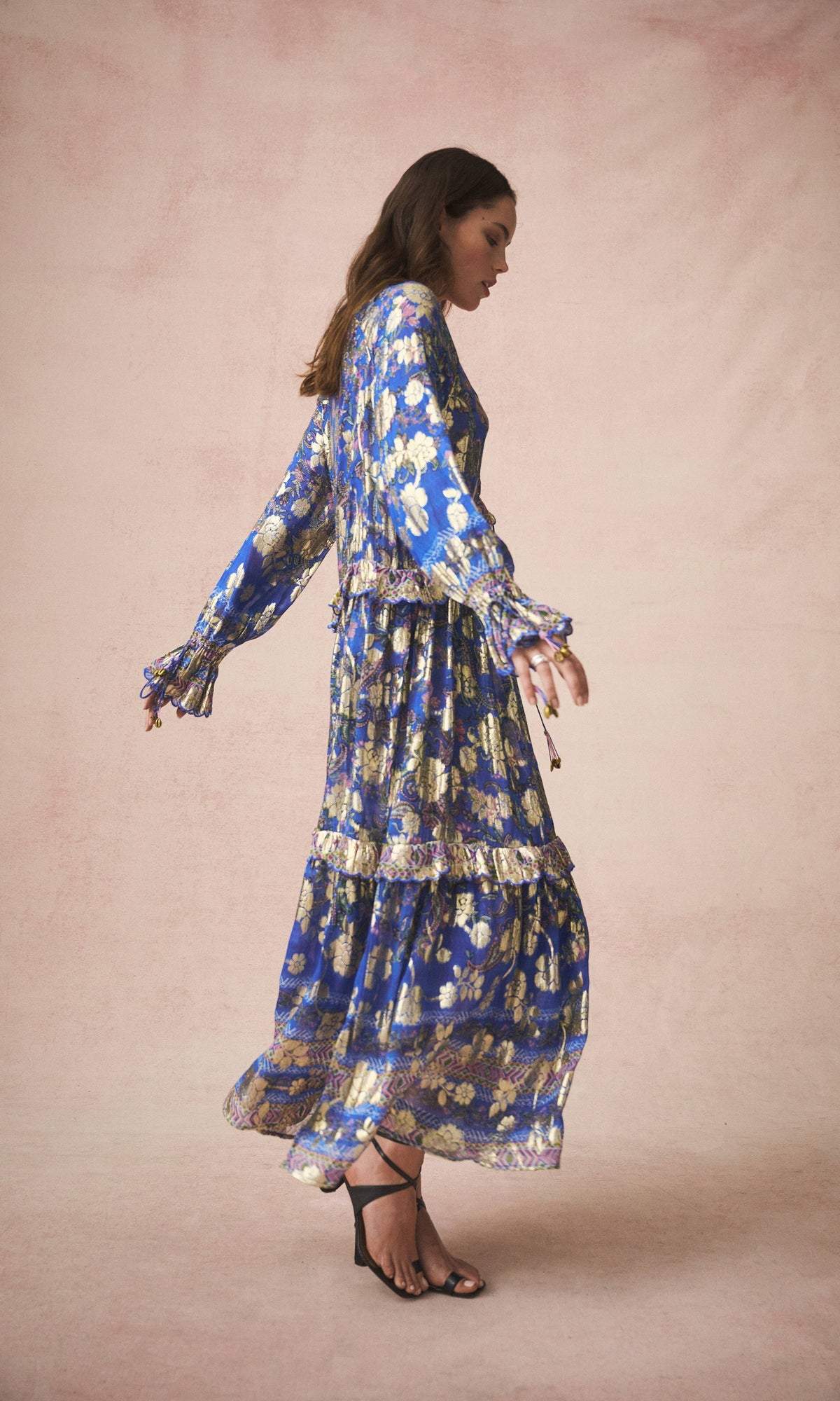 Hemant And Nandita | Amyra Viscose Georgette Gold Silver Lurex Kaftan With Slip | Cobalt Blue