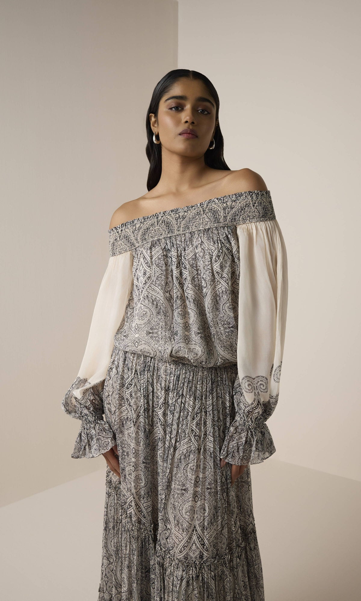 Womens | Chavi Viscose Flat Chiffon Tiered Maxi Skirt | Eggshell