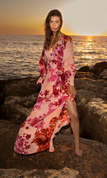 Hemant And Nandita | Dali Viscose Crepe Flat Chiffon Kaftan With Slip | Pink