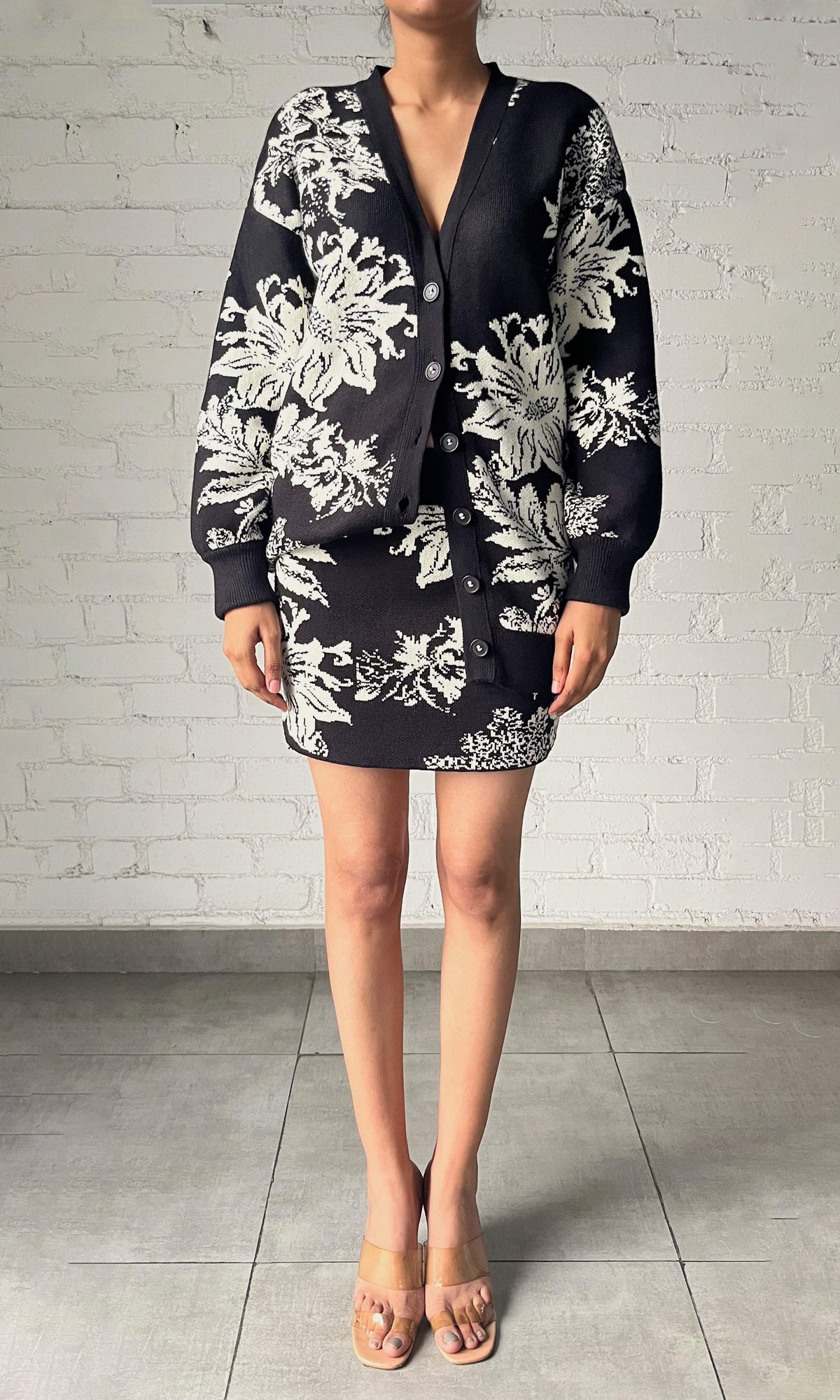 Hemant And Nandita | Dea Jacquard Acrylic Nylon Oversized Cardigan | Black White