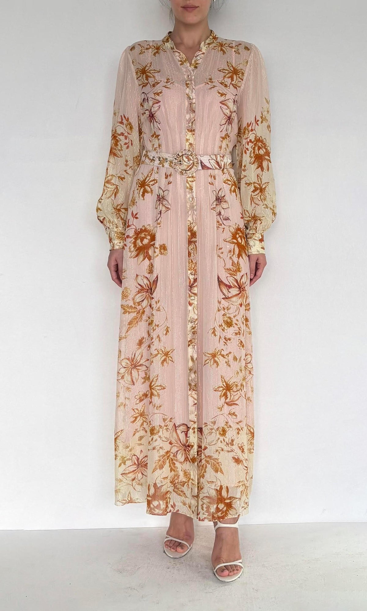 Hemant And Nandita | Elza Stripe Lurex Fabric Shirt Dress | Pink