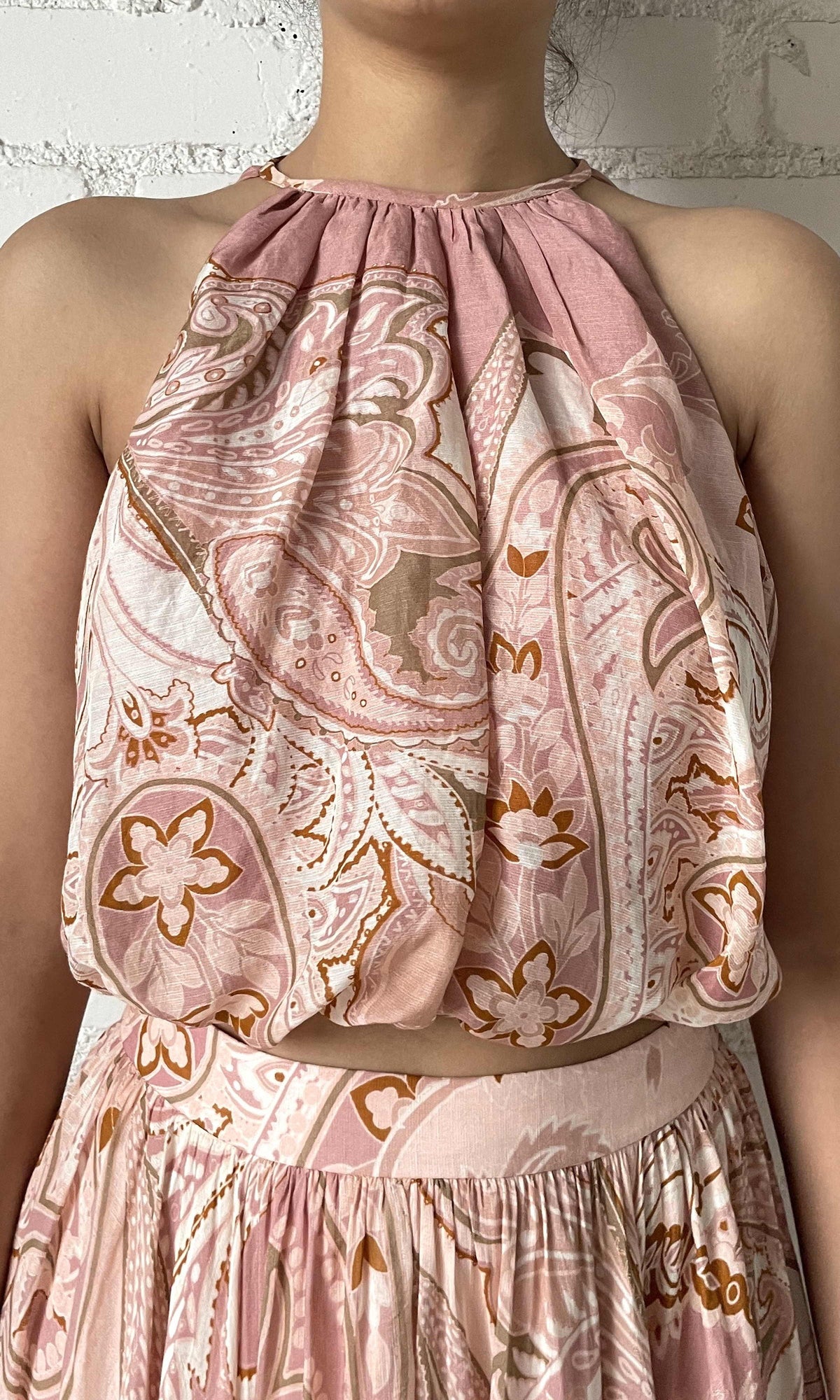 Hemant And Nandita | Fiza Viscose Organza Linen Halter Neck Top | Powder Pink