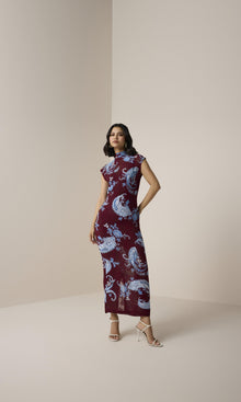 Womens | Hiba Viscose Georgette Jacquard Long Dress | Merlot