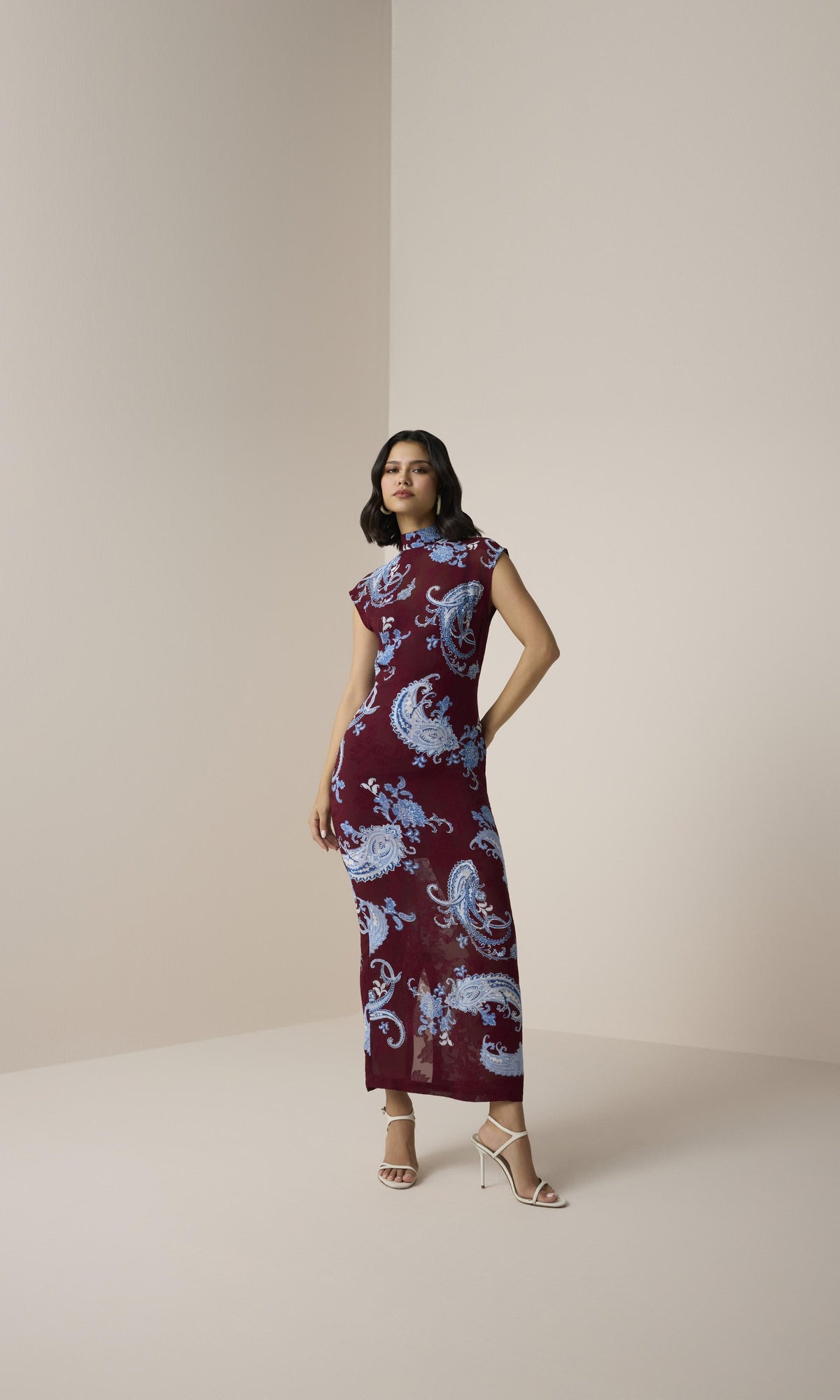 Womens | Hiba Viscose Georgette Jacquard Long Dress | Merlot