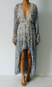 Hemant And Nandita | Inv Viscose Shiffone Deep Neck Long Dress | Light Blue