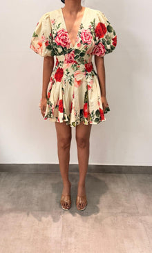 Hemant And Nandita | Inv Cotton Linen Short Dress With Puff Sleeve | Multi Floral
