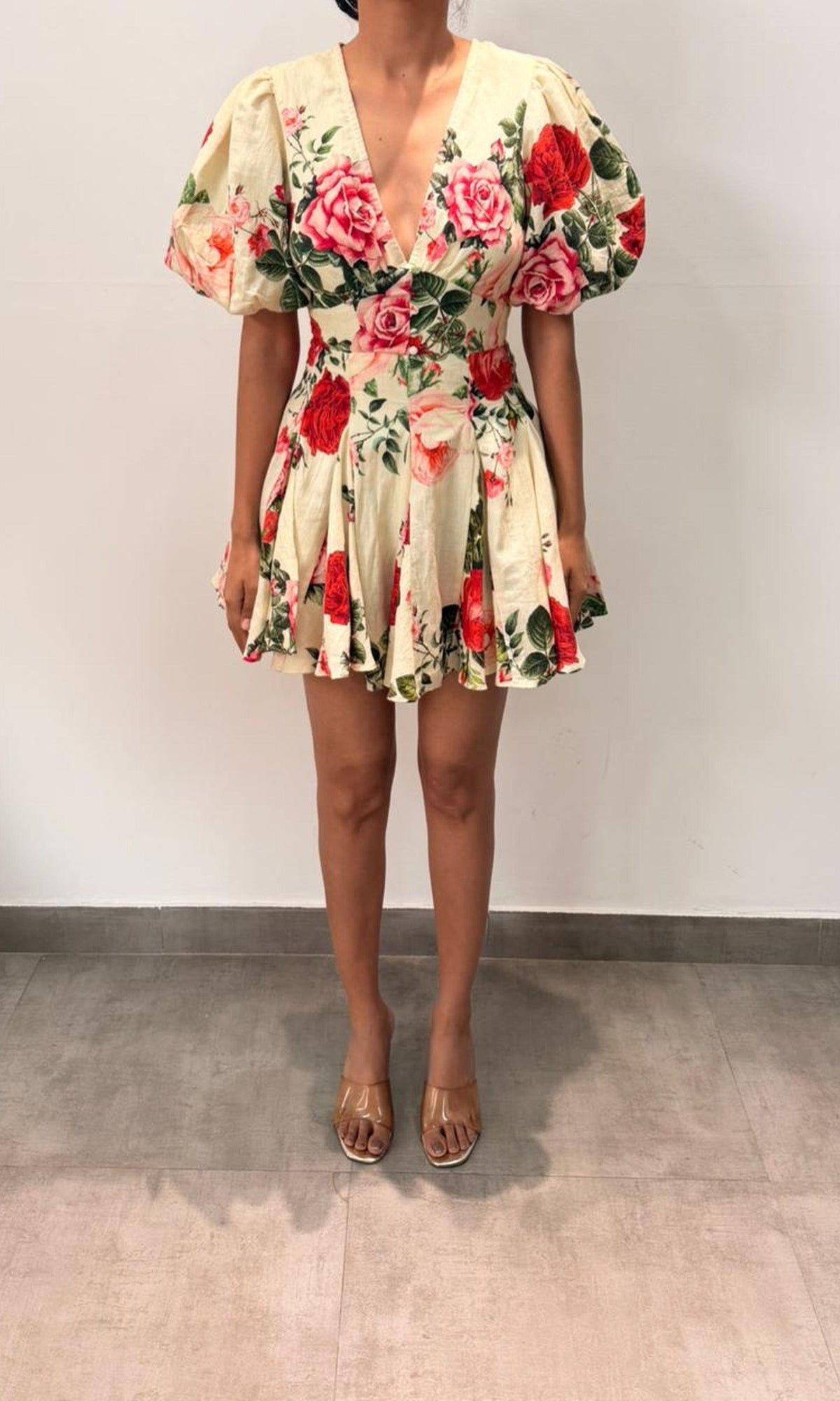 Hemant And Nandita | Inv Cotton Linen Short Dress With Puff Sleeve | Multi Floral