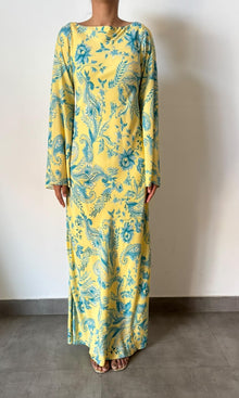 Hemant And Nandita | Inv Viscose Heavy Crepe Boat Neck Long Dress | Yellow Multi