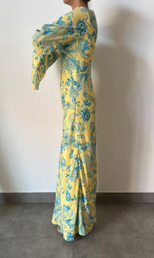 Hemant And Nandita | Inv Viscose Heavy Crepe Boat Neck Long Dress | Yellow Multi