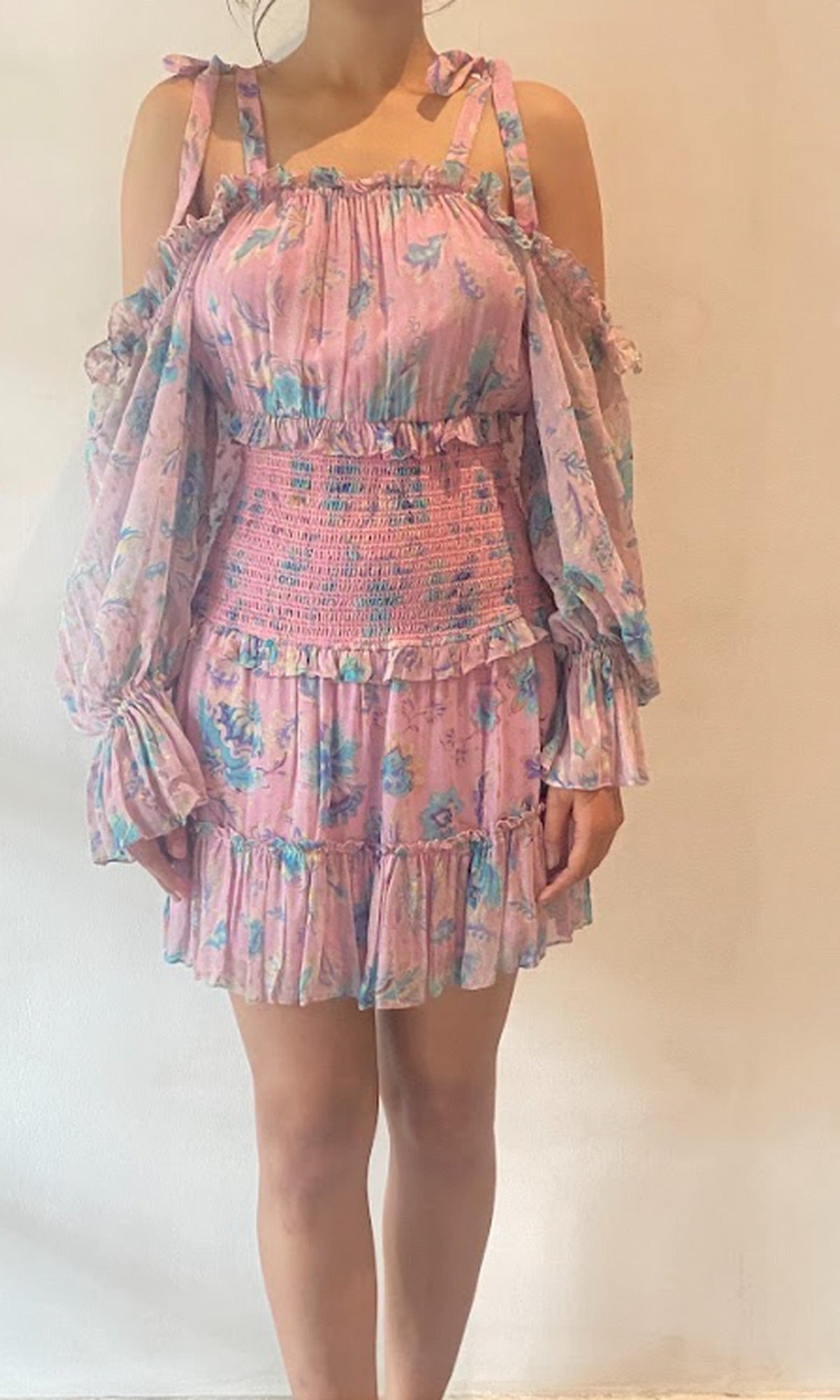 Hemant And Nandita | Inv Viscose Cold-Shoulder Neck Short Dress | Pink Multi
