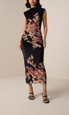 Hemant And Nandita | Johi Polyester Velvet Lycra Mock Neck Midi Dress | Black