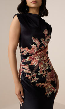 Hemant And Nandita | Johi Polyester Velvet Lycra Mock Neck Midi Dress | Black