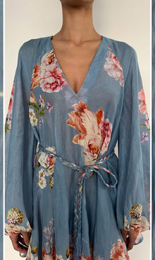 Hemant And Nandita | Kavi Viscose Organza Linen Short Dress With Tie Up Belt | Pink Blue Multi