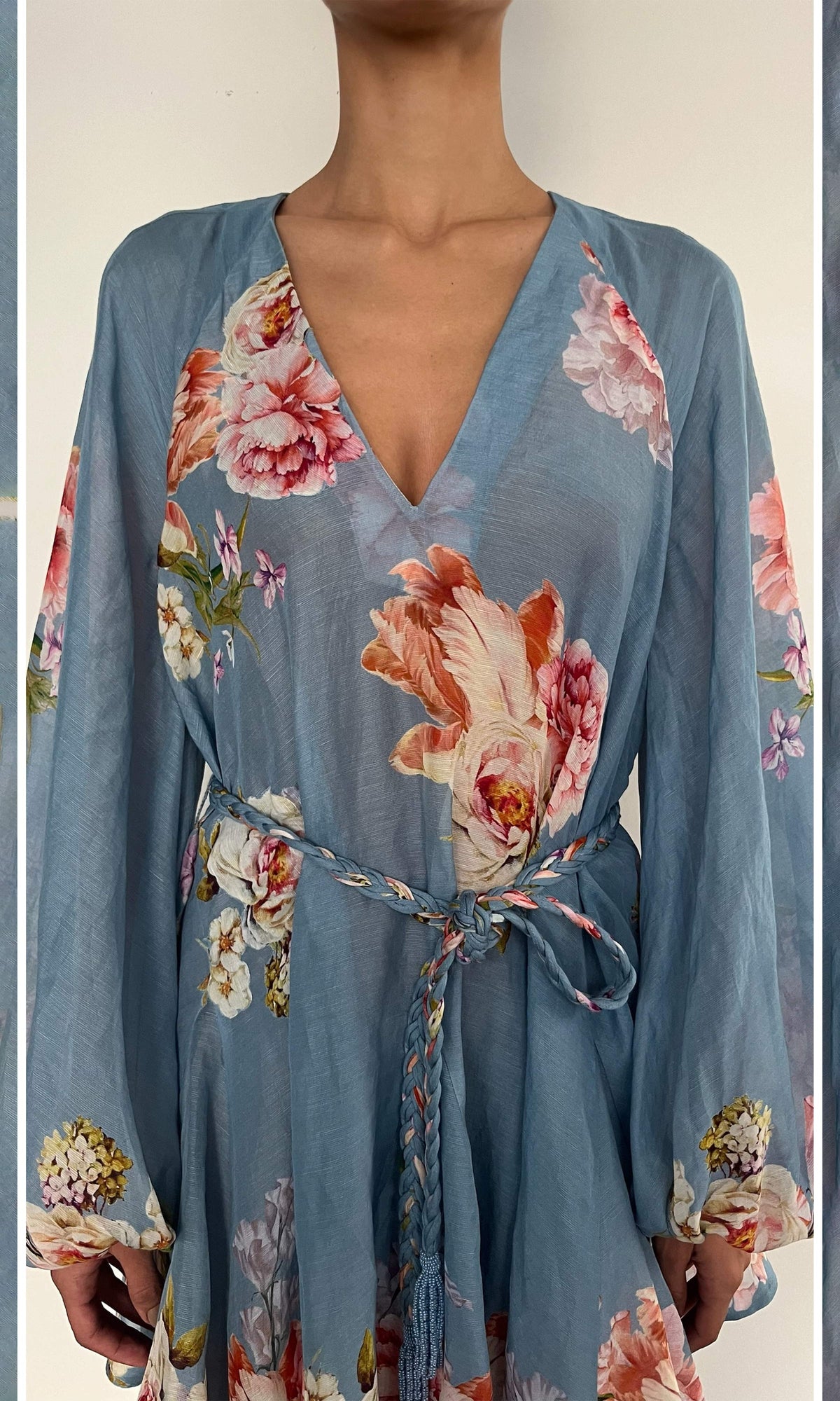 Hemant And Nandita | Kavi Viscose Organza Linen Short Dress With Tie Up Belt | Pink Blue Multi