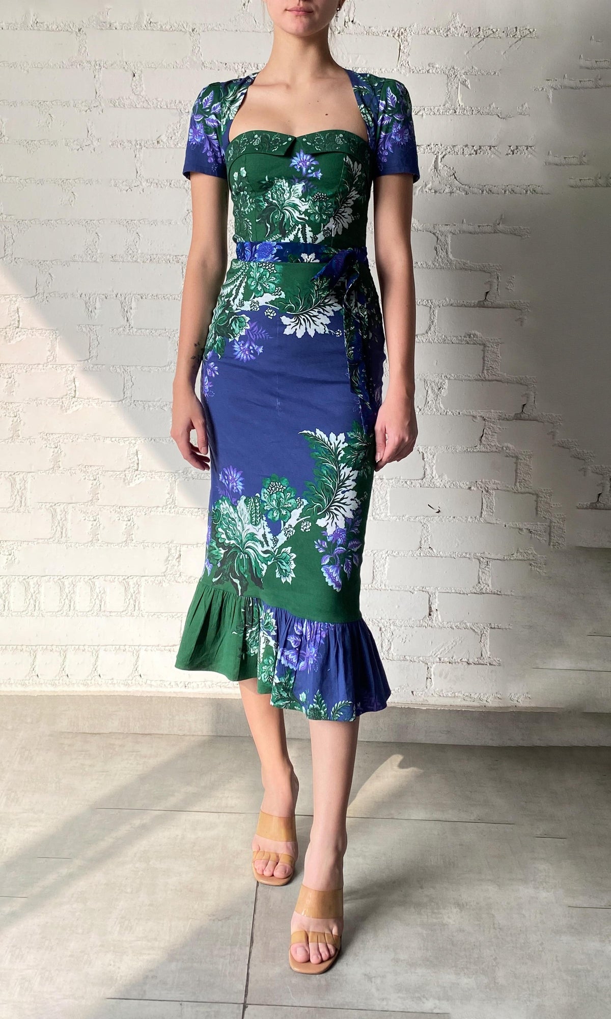 Hemant And Nandita | Keva Cotton Linen Lycra Midi Dress With Tie Up Belt | Green Blue