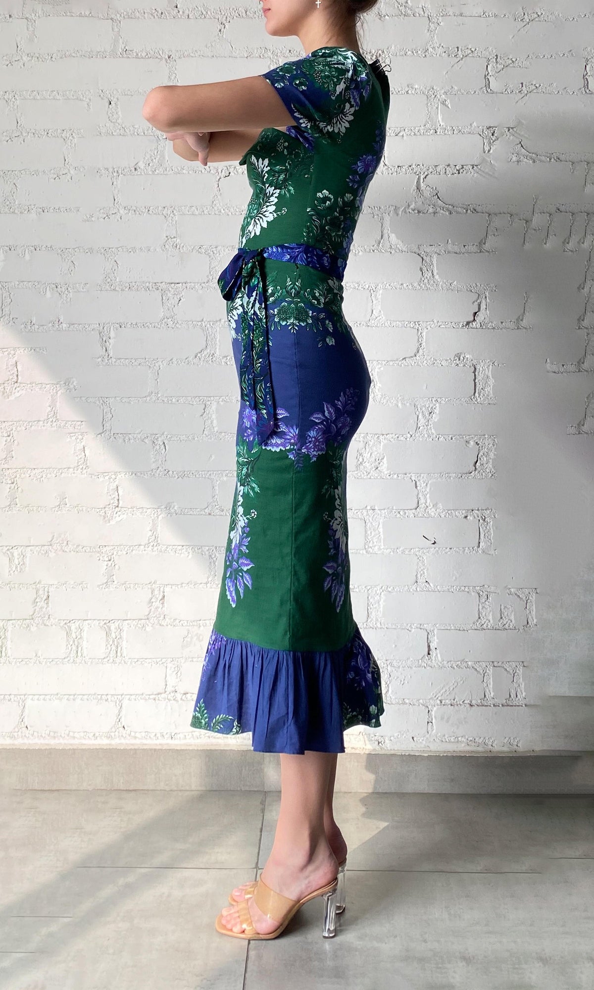 Hemant And Nandita | Keva Cotton Linen Lycra Midi Dress With Tie Up Belt | Green Blue