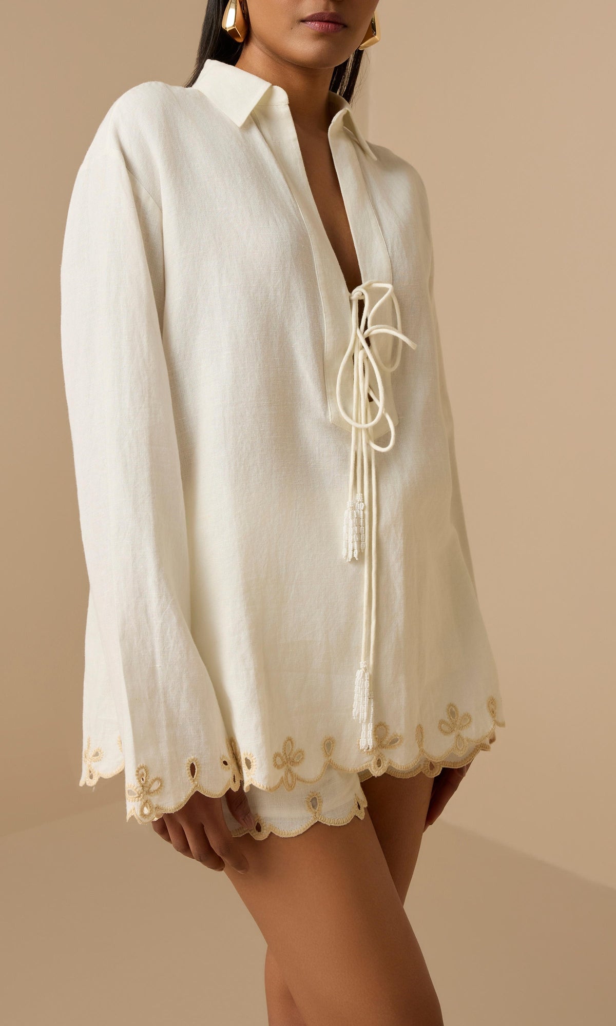 Hemant And Nandita | Nain Linen Cotton Waist Elasticated Shorts | Off White