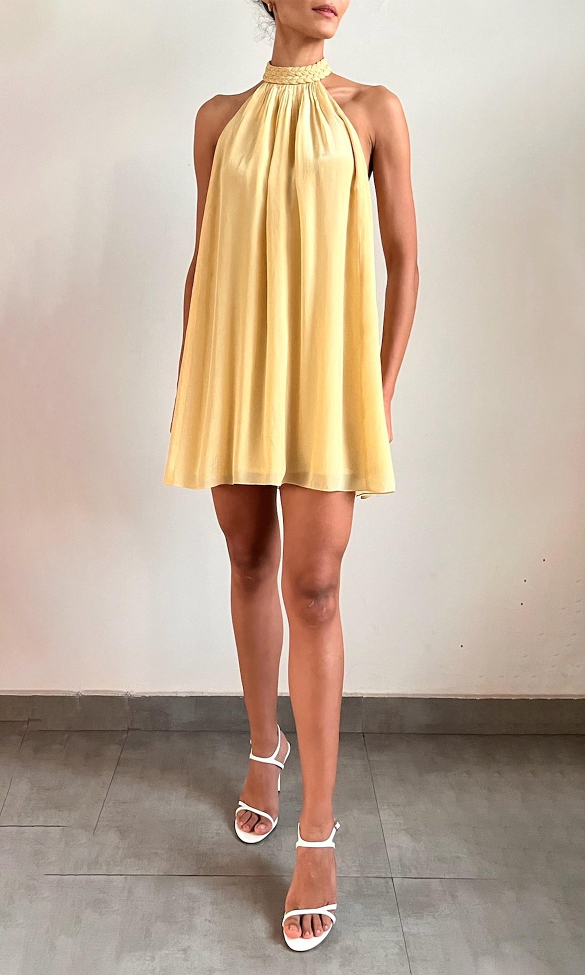 Hemant And Nandita | Nain Viscose Natural Crepe Halter Neck Mini Dress | Yellow
