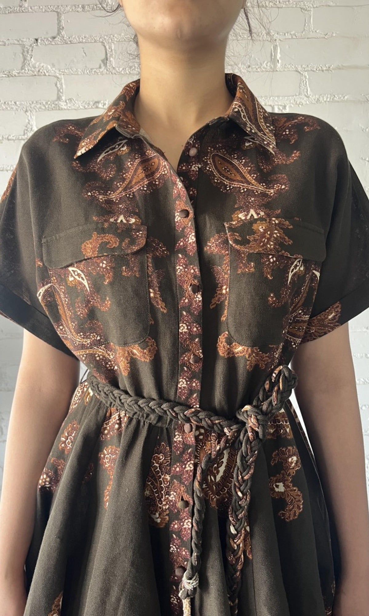 Hemant And Nandita | Omya Linen Cotton Short Dress With Tie Up Belt | Brown Multi