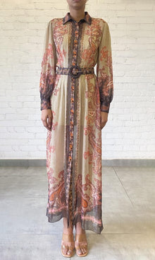 Hemant And Nandita | Omya Viscose Georgette Stripe Lurex Shirt Dress With Slip And Belt | Beige/Orange Multi
