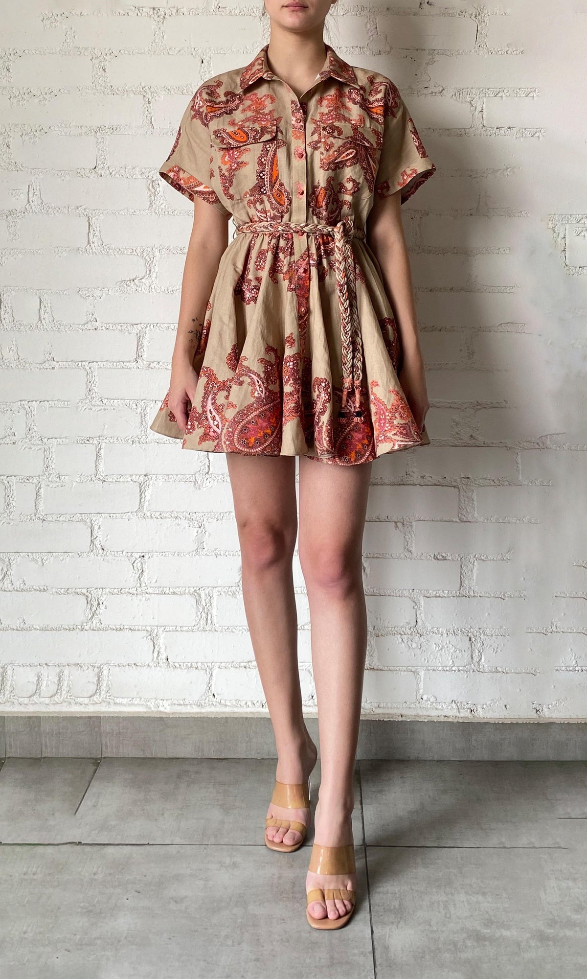Womens | Omya Cotton Linen Short Dress | Beige/Orange Multi