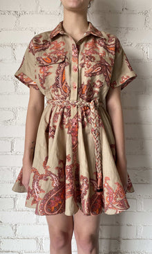 Womens | Omya Cotton Linen Short Dress | Beige/Orange Multi