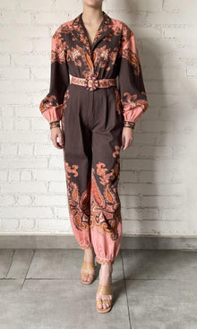 Hemant And Nandita | Omya Cotton Twill Jumpsuit With Buckle Belt | Brown Pink Multi
