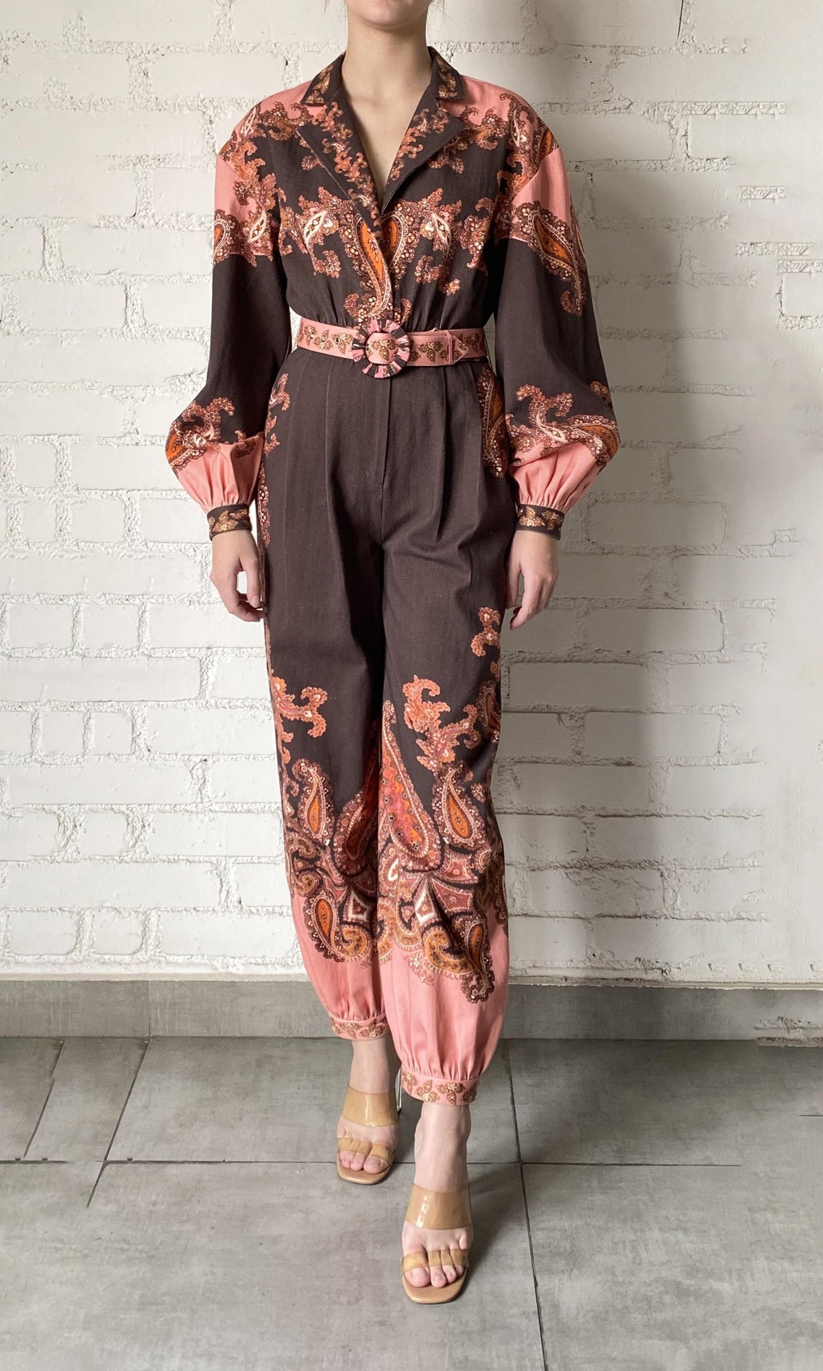 Hemant And Nandita | Omya Cotton Twill Jumpsuit With Buckle Belt | Brown Pink Multi