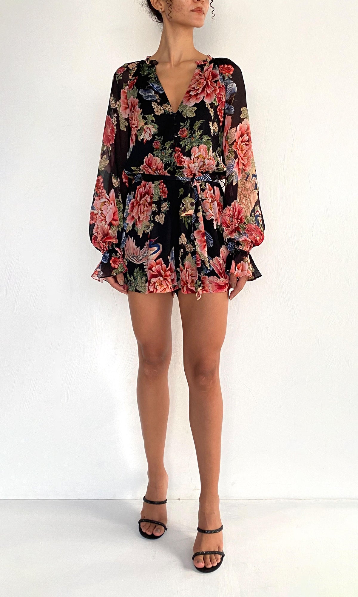 Womens | Rani Viscose Crinkle Chiffon Romper With Tie Up Belt | Black