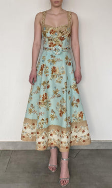 Womens | Rohi Linen Cotton Long Dress With Buckle Belt | Turquoise Multi
