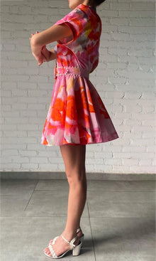 Womens | Rosa Linen Cotton Short Sleeve Short Dress With Buckle Belt | Pink Floral