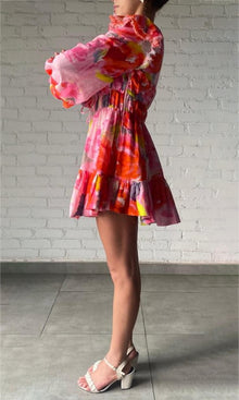 Hemant And Nandita | Rosa Linen Cotton Short Dress | Pink Floral