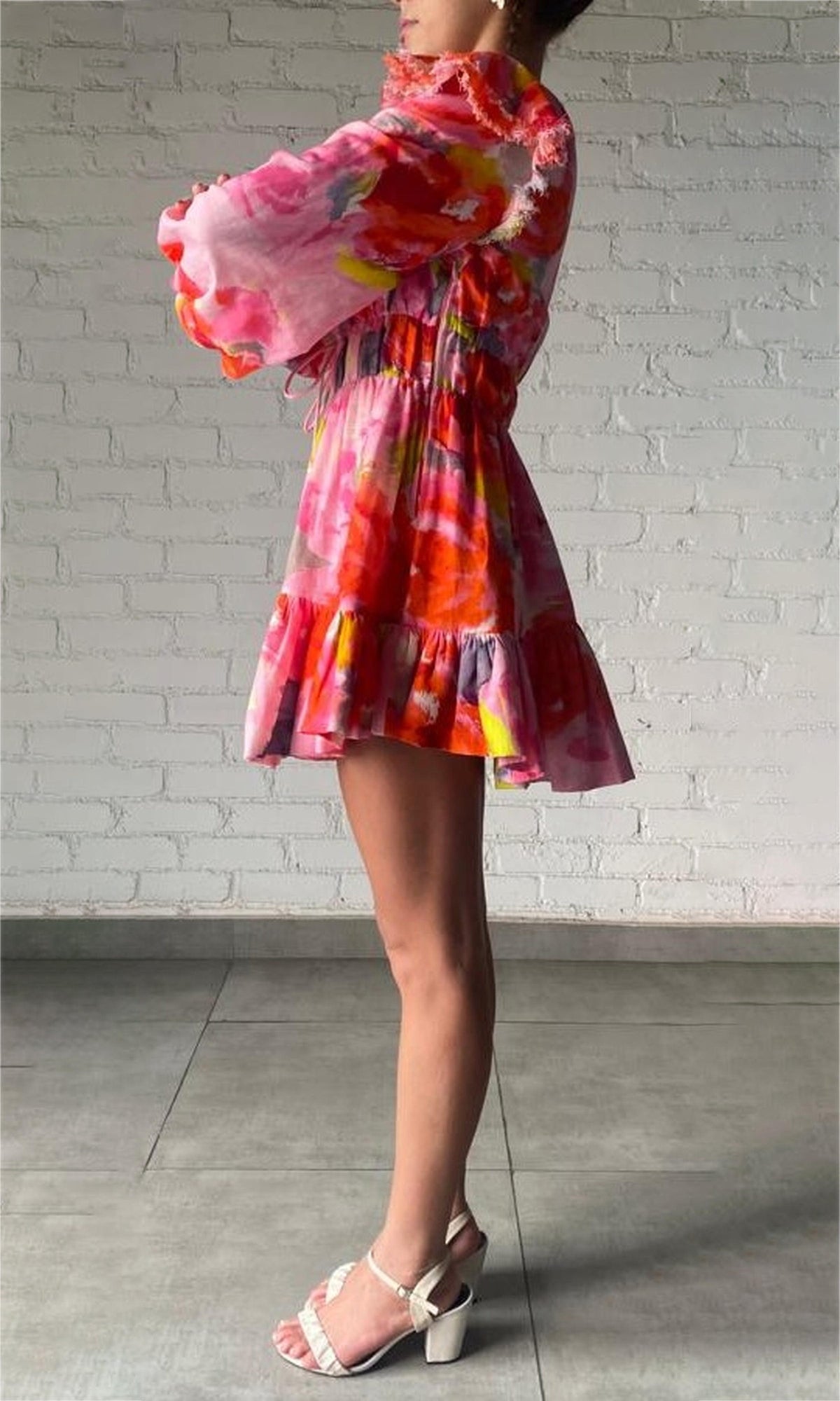 Hemant And Nandita | Rosa Linen Cotton Short Dress | Pink Floral