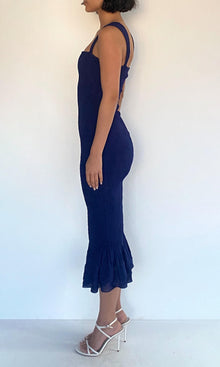 Hemant And Nandita | Ryka Viscose Georgette Jacquard Smocked Midi Dress | Midnight Blue