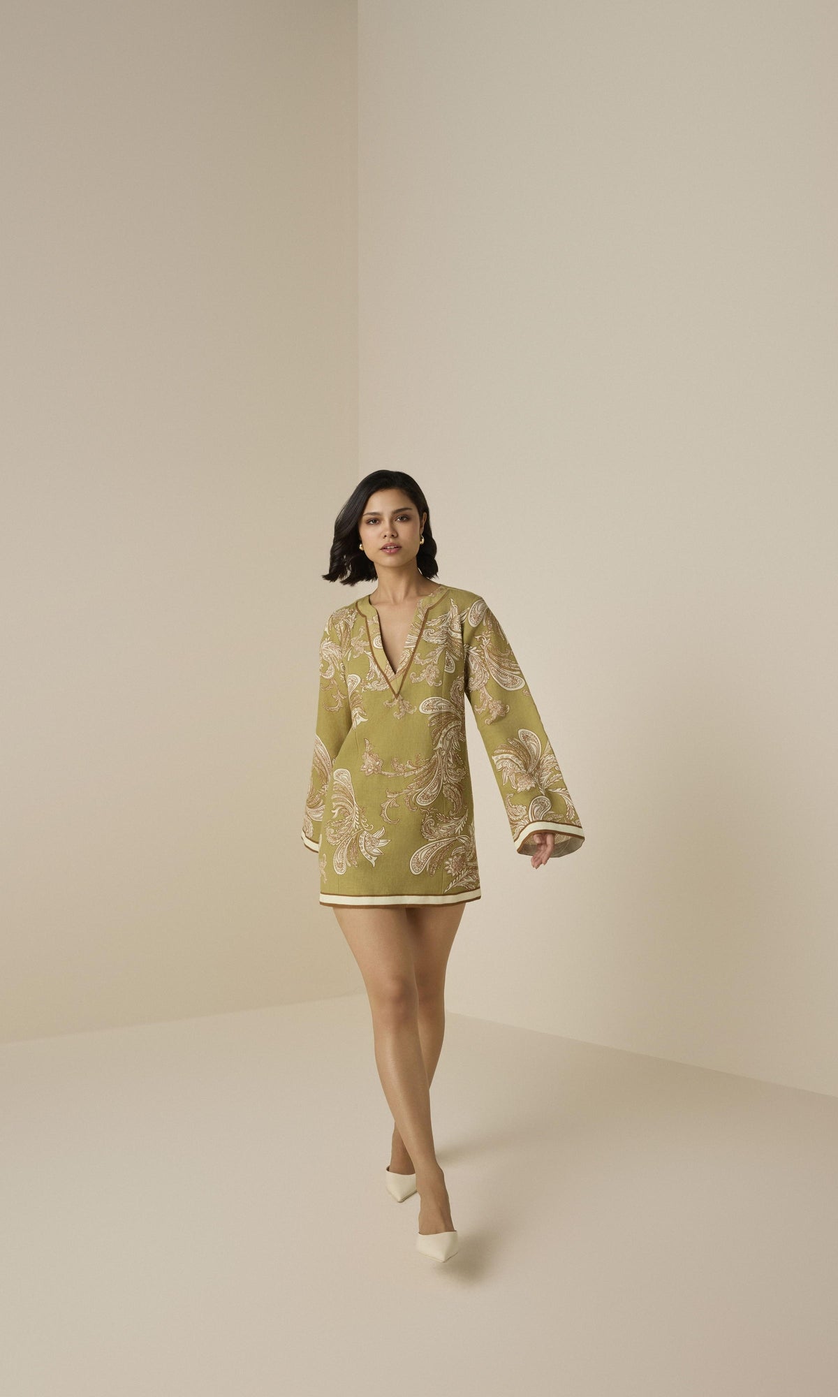 Hemant And Nandita | Sakhi Cotton Linen Mini Tunic Dress | Olive